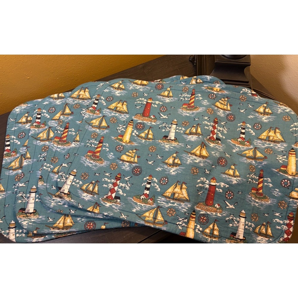 Vintage Nautical Sailboat Placemats Set of 4 Coastal Lighthouse Reversible Blue